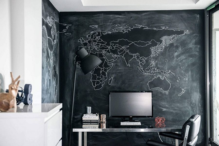 A world map backdrop for the modern home office