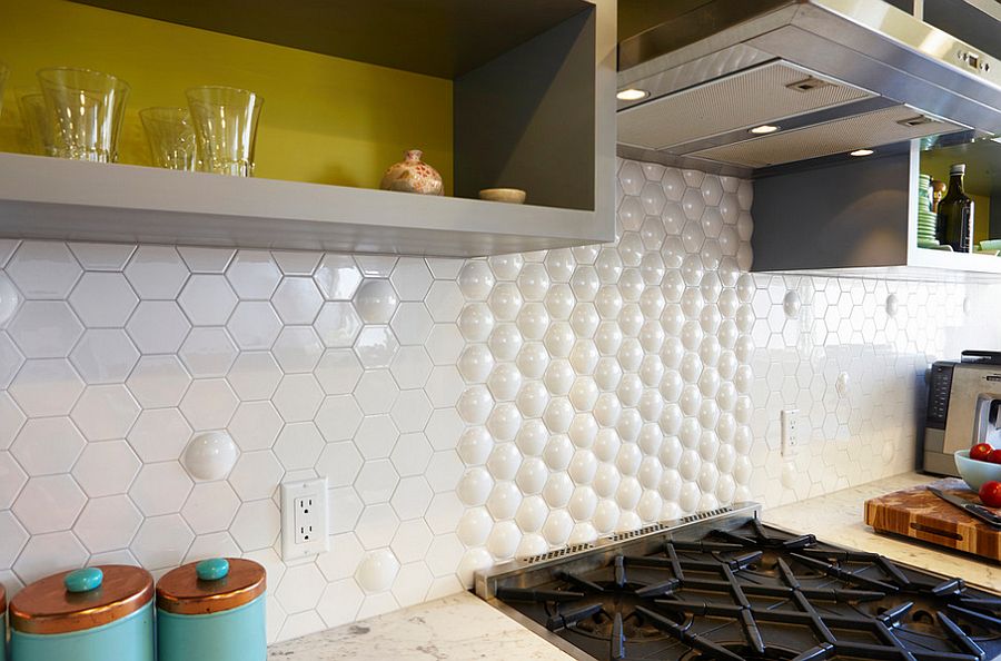 Atomic tile from Heritage Tile used to fashion a quirky kitchen backsplash [Design: Nerland Building & Restoration]