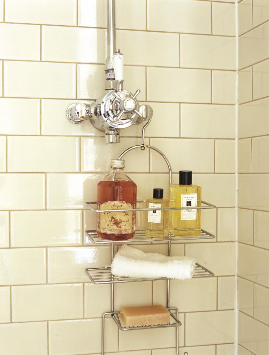 Bath products on a shower caddy