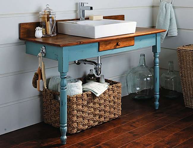 Vintage desk in blue turned into bathroom vanity