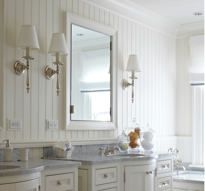 Gorgeous white beadboard backsplash in the bathroom