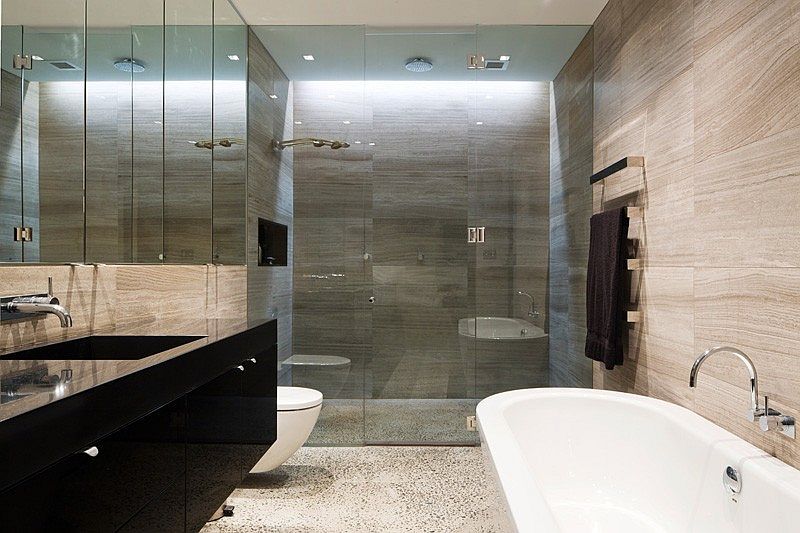 Bathroom walls bring texture and contrast to the space