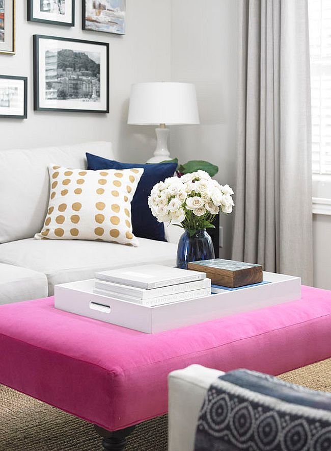 Beautiful upholstered coffee table in pink [Design: Vanessa Francis]