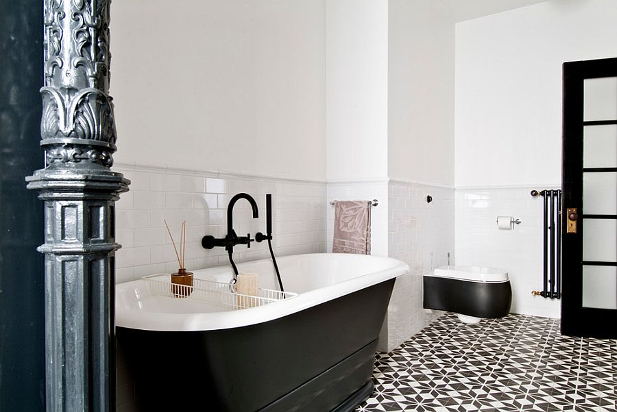 Black and white bathroom with cement tile flooring [Design: FJ Interior Design]