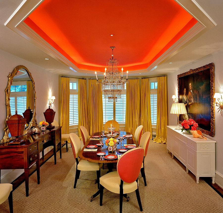 Bold orange hue for the dining room ceiling [Design: Brown Davis Interiors]