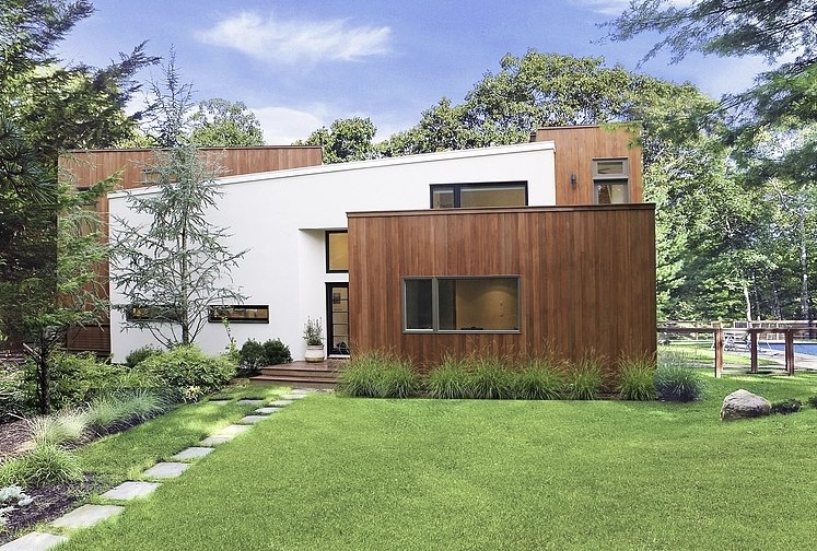 Cedar wood and white stucco home