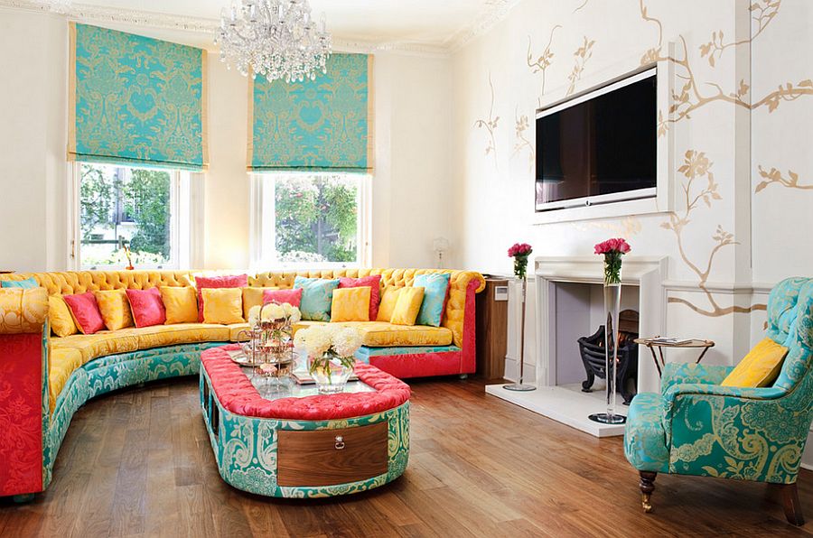 Colorful upholstered coffee table in Alice in wonderland tea room style living room [Design: Interior Desires UK]