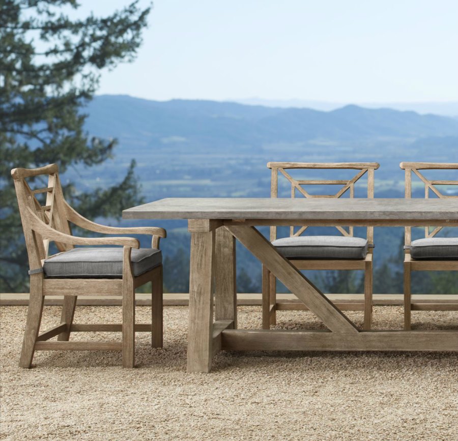 Concrete and teak trestle table from Restoration Hardware