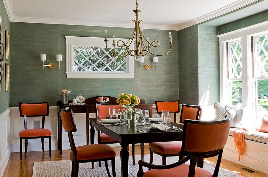 Contemporary dining room in orange and green