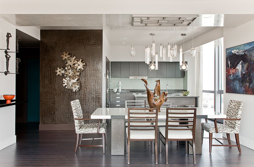 Contemporary dining room with metallic wall art over chocolate crocodile walls! [Design: Eric Roseff Designs]