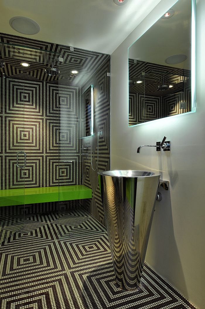 Custom-made mosaic pattern for the hip modern bathroom [Design: Elevation Architectural Studios]