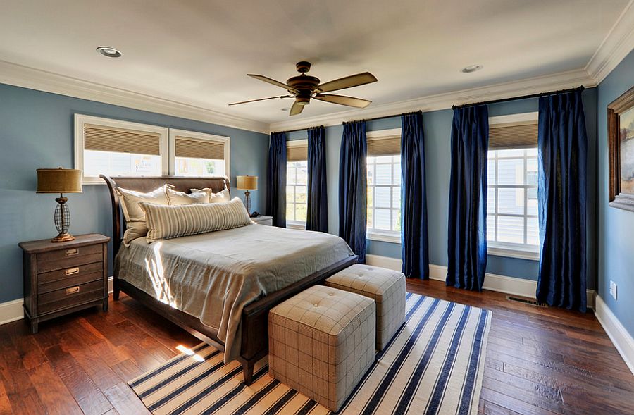 Deep navy curtains for the transitional bedroom