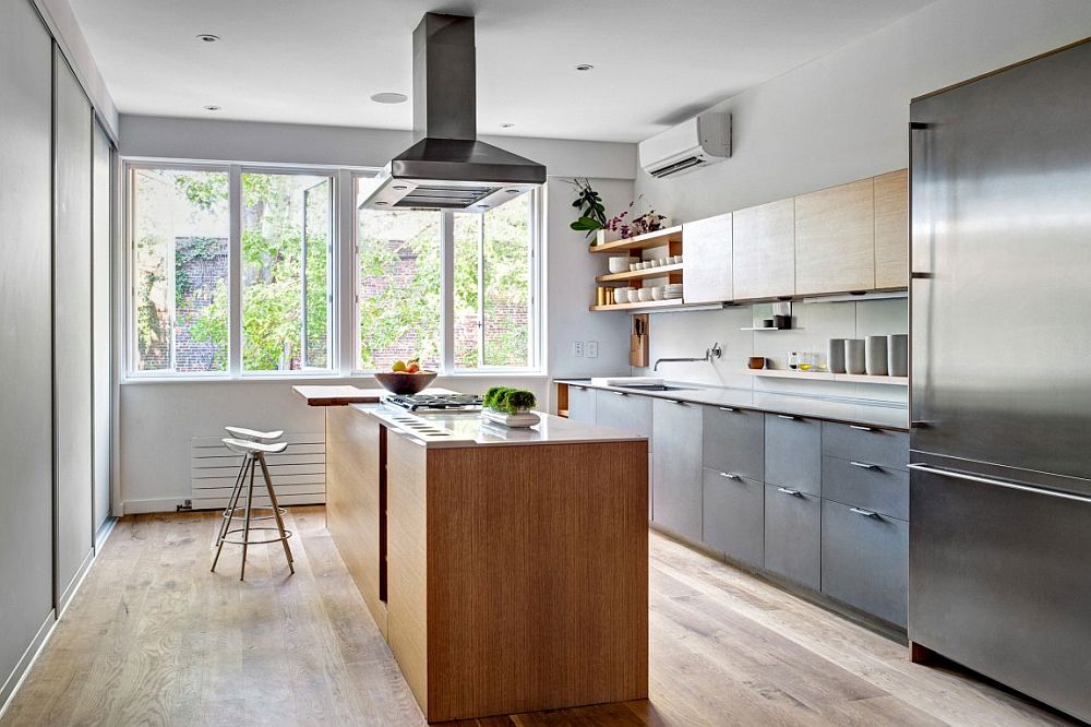 Delightful modern kitchen with a smart island and wooden shelves