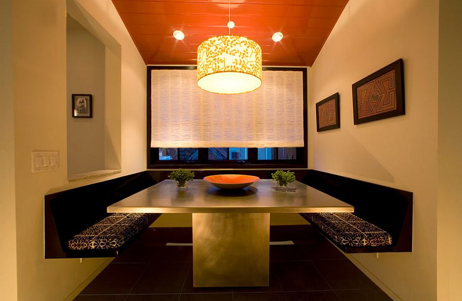 Dining booth at home with a sophisticated restaurant ambiance [Design: Margaret Carter Interiors]