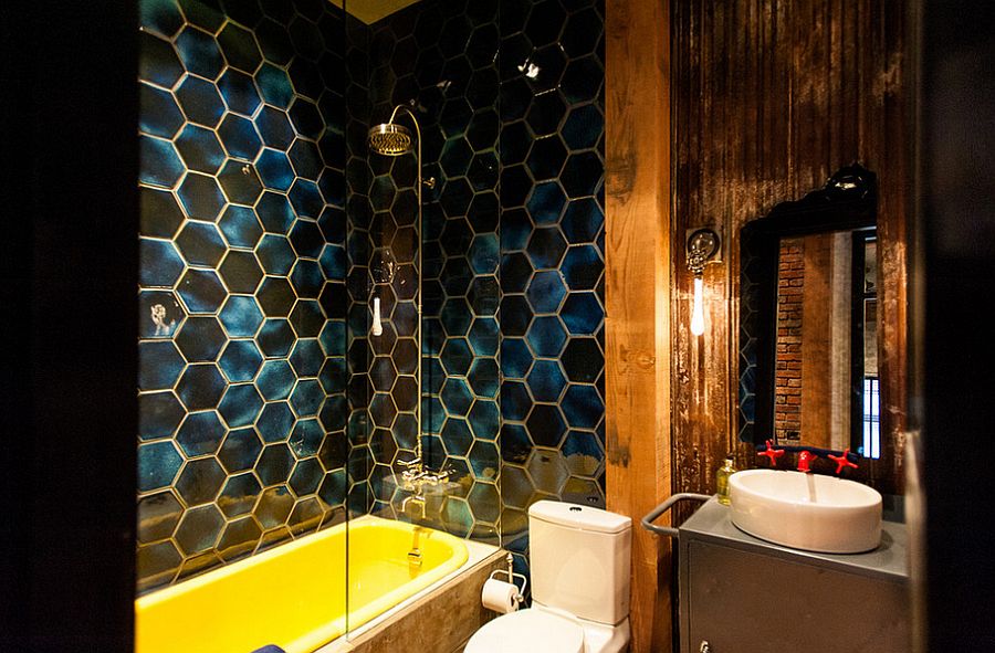 Eclectic industrial bathroom with plenty of color and pattern [Design: Beyond Beige Interior Design]