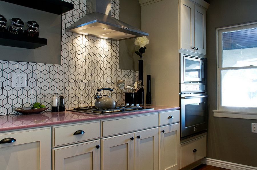 Eclectic kitchen with geometric tile backsplash from Heath Ceramics