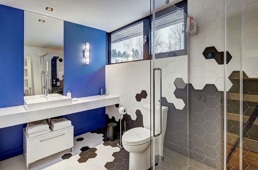 Exquisite bathroom with a splash of blue and hexagonal tiles [Design: Josée Lemire]