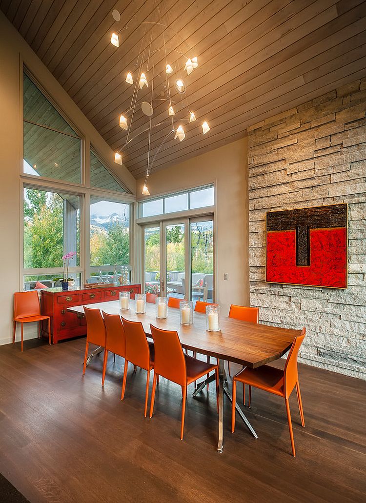 dining table with orange chairs