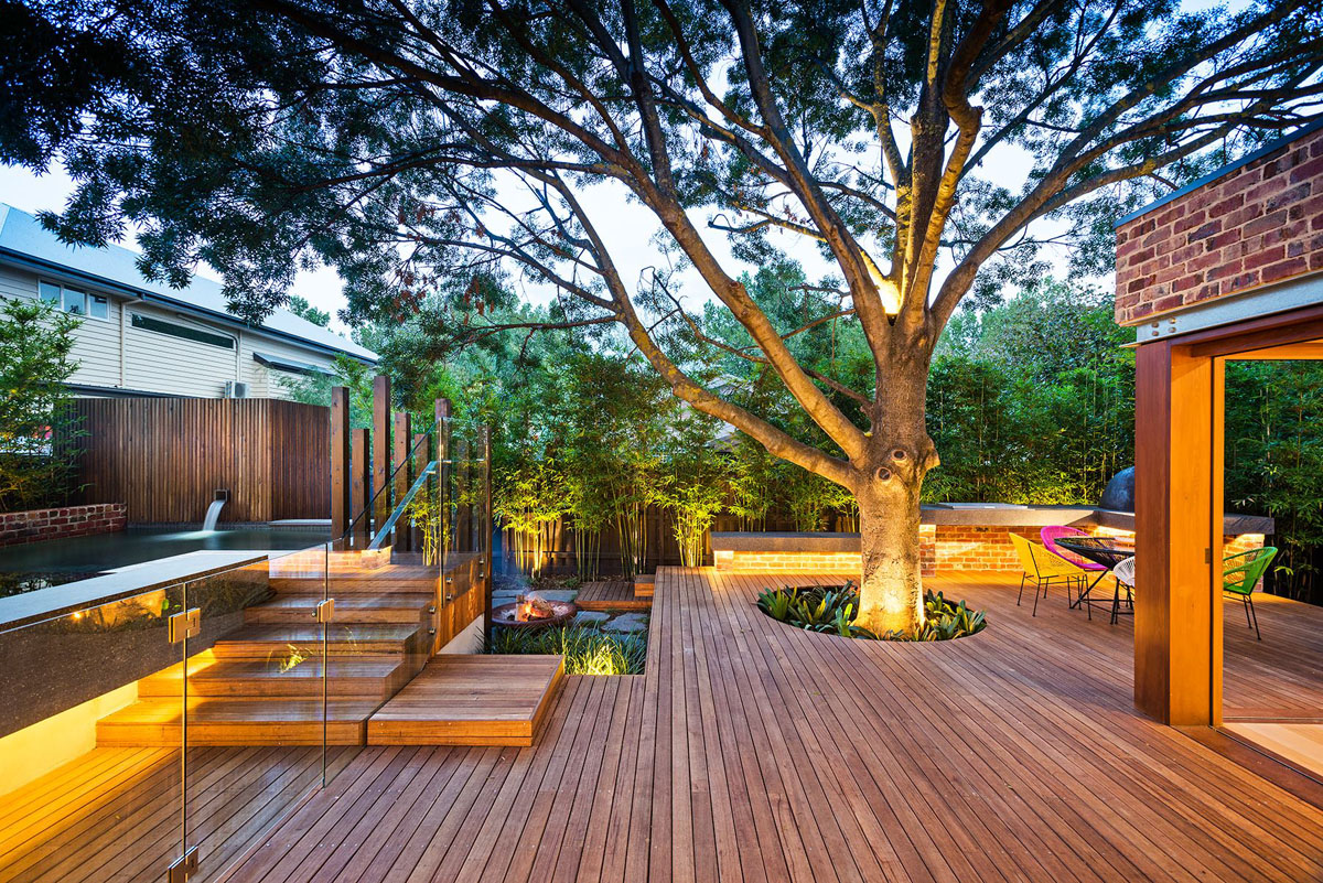 Lighting adds to the beauty of the expansive deck
