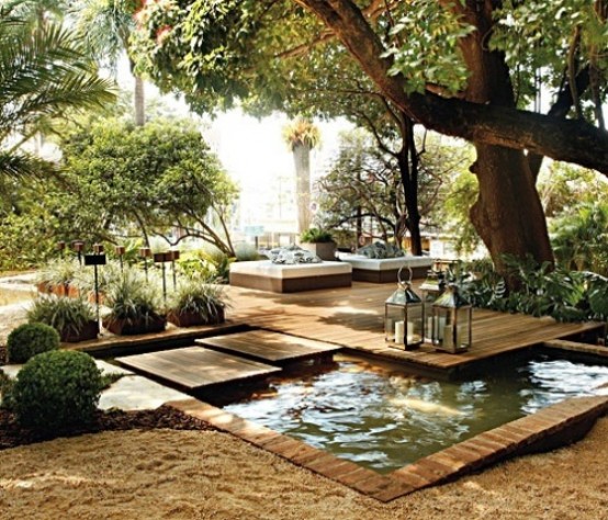 Tropical landscape design with floating deck