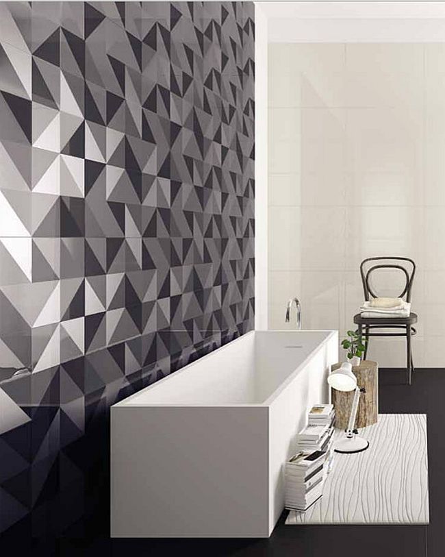 Geometric tiles add intrigue to the bathroom without disturbing the color scheme [From: VIVA Ceramica]