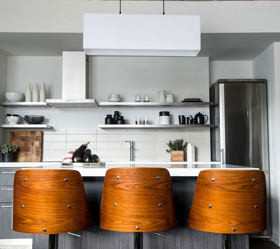 Gorgeous bar stools add wooden warmth to smart kitchen