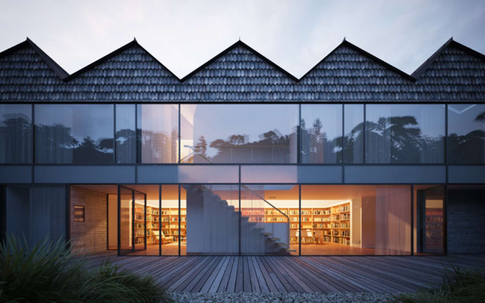 Hendee-Borg House with symmetrical sawtooth roof