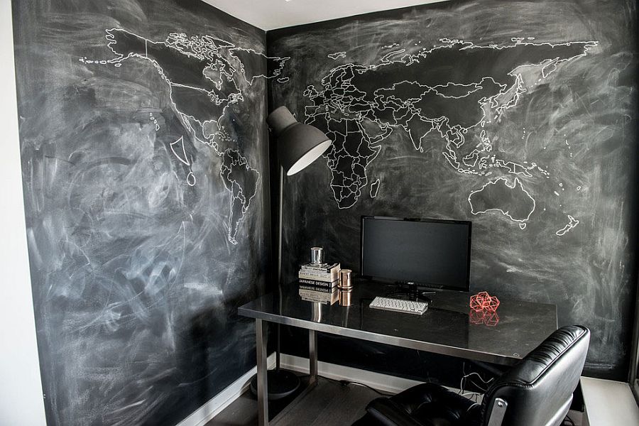 Home office in gray and black with chalkboard walls