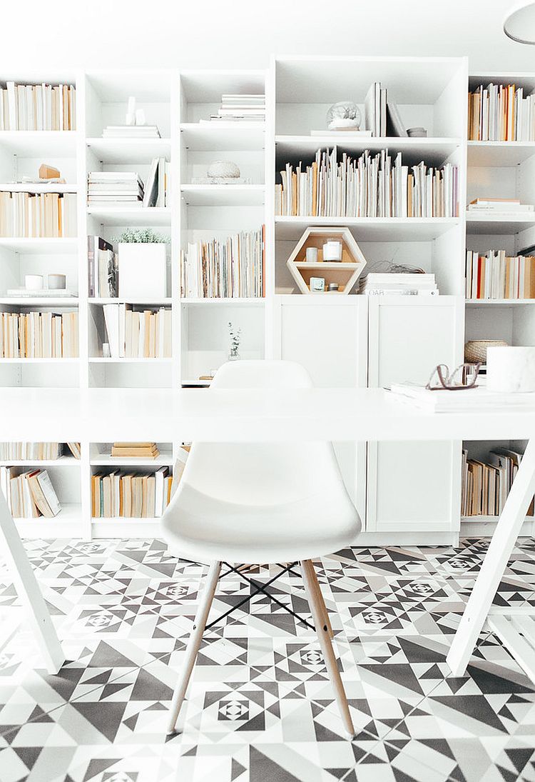 Light-filled, white Scandinavian home office with unique flooring [Design: Andrea McLean Design Office]