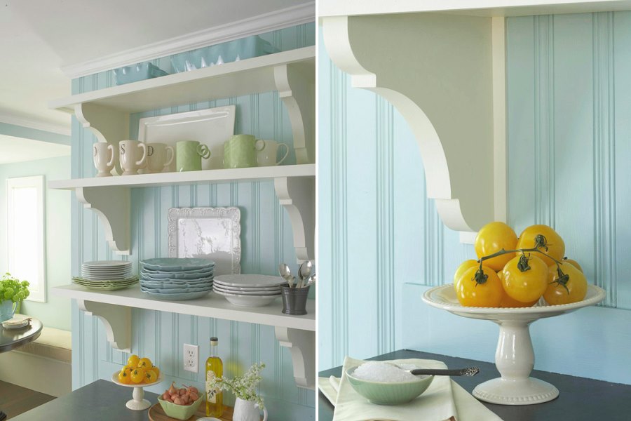 Light blue beadboard paneling in a cottage-style kitchen