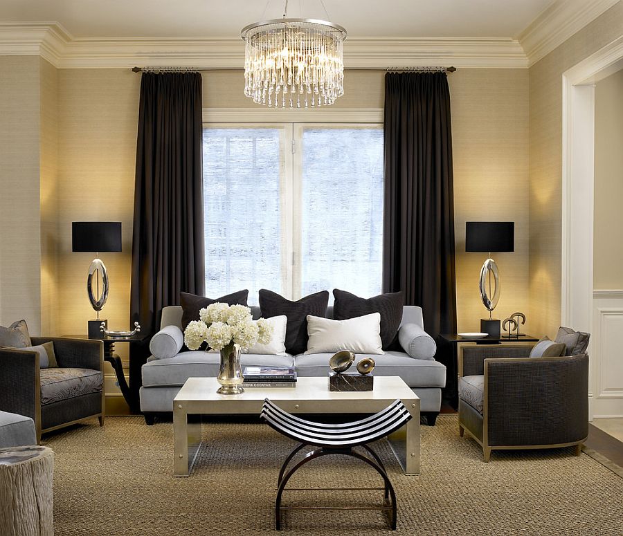 Light color scheme of the living room complements the dark drapes perfectly [Design: Handman Associates]