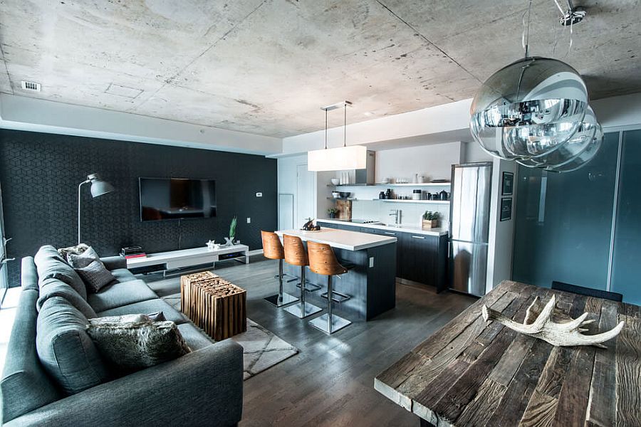 Living room of the industrial condo loft in Toronto