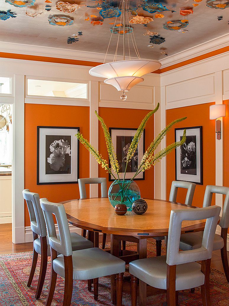 Lovely blend of blue and orange in this vibrant dining room [Design: Adeeni Design Group]