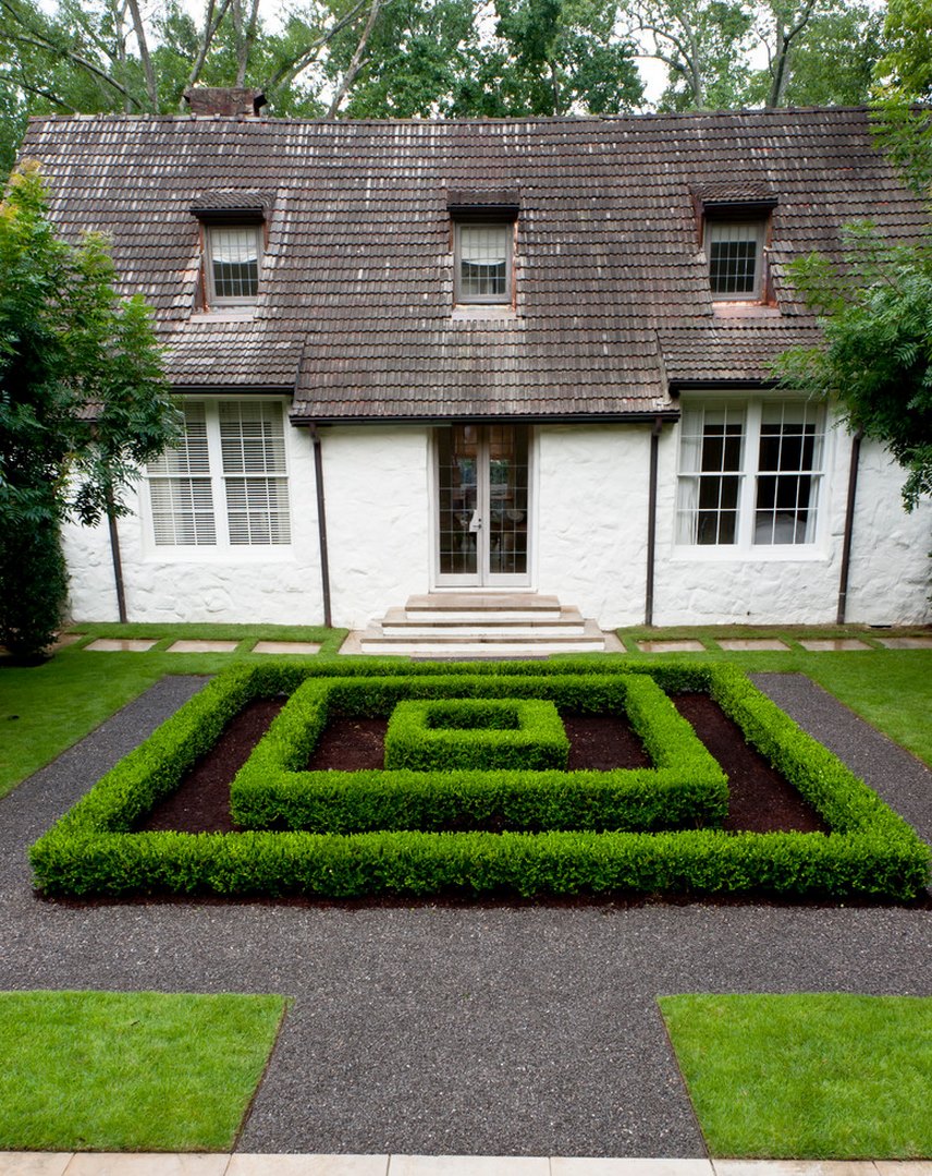 Manicured hedges provide a maze-like focal point