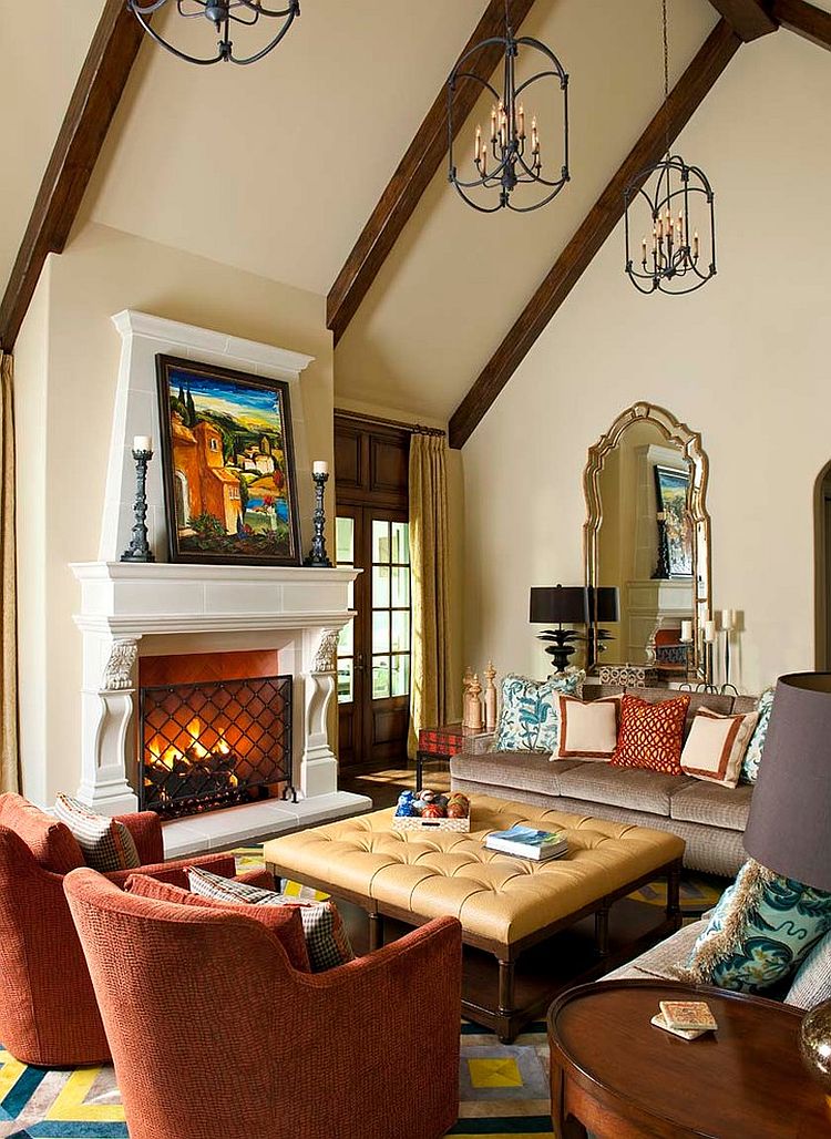 Mediterranean style family room with a comfy ottoman at its heart [Design: Astleford Interiors]