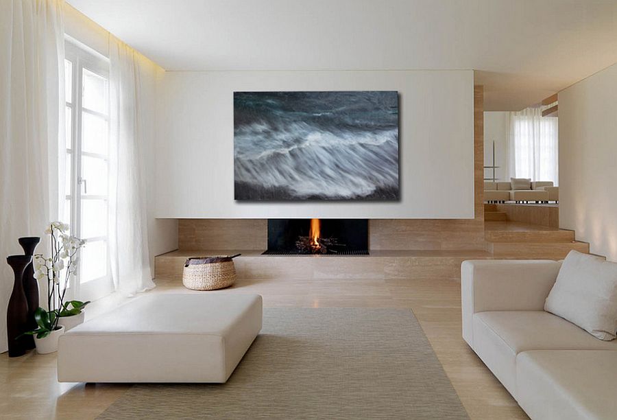 Minimal living room with wall art inspired by nature hanging above the fireplace [From: John Wolf Fine Art]