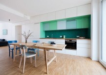 bright green upper cabinets in Scandinavian kitchen design