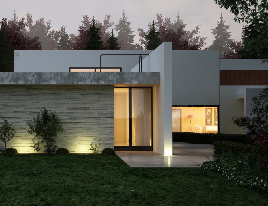 Modern home of stone, stucco and wood