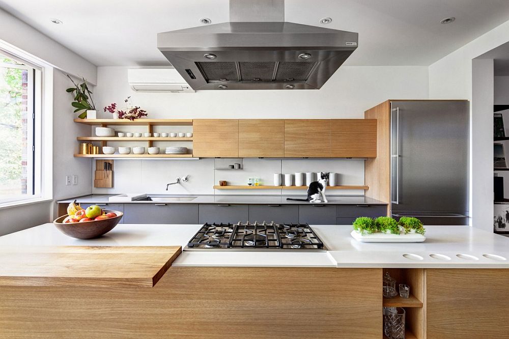 Modern kitchen in white, gray and with wooden cabinets has a relaxing ambiance