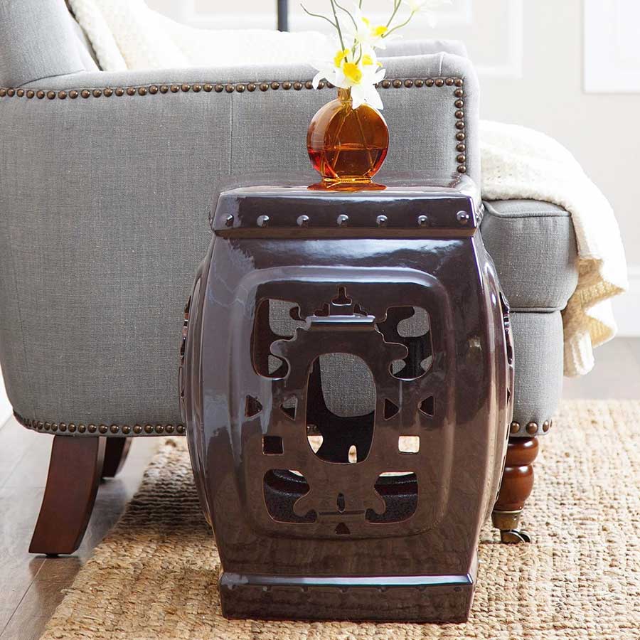 Ornate Brown Glazed Ceramic Stool