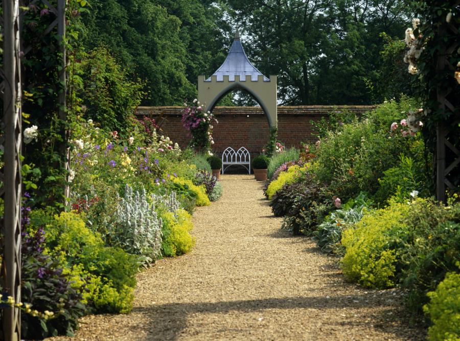 Pagoda-style gazebo on a graveled path