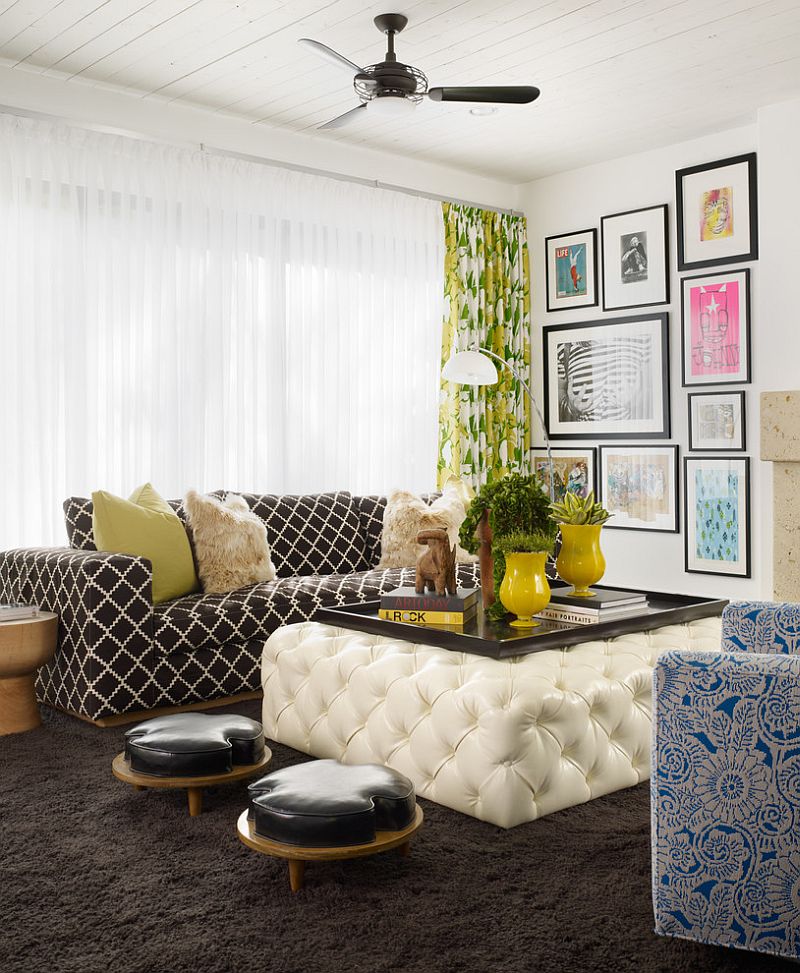 Pops of yellow enliven he gorgeous living room with plush textures