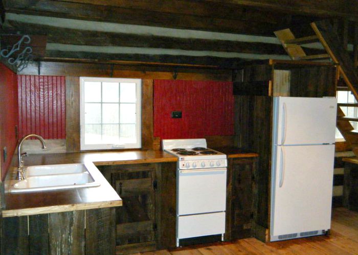 Red barnwood beadboard in the kitchen