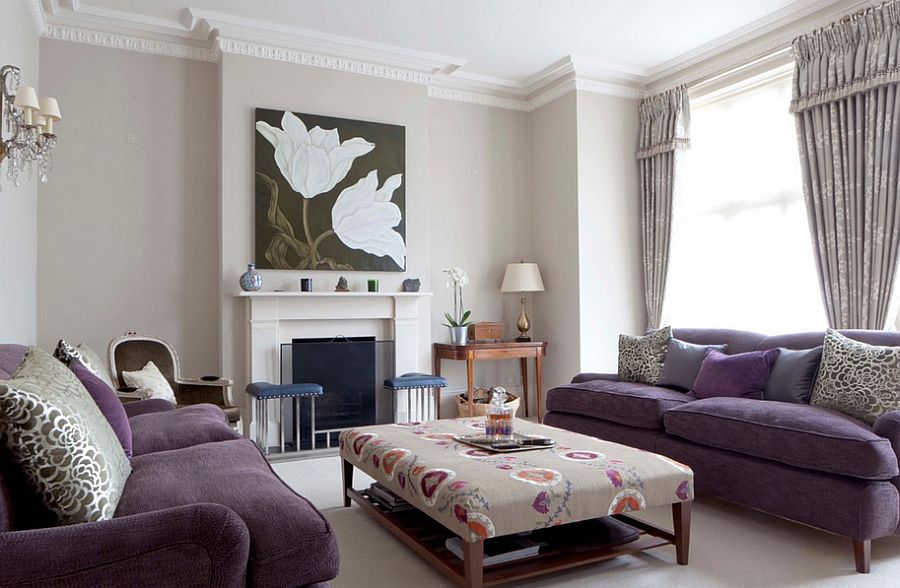 Smart tufted coffee table complements the lovely purple sofa set