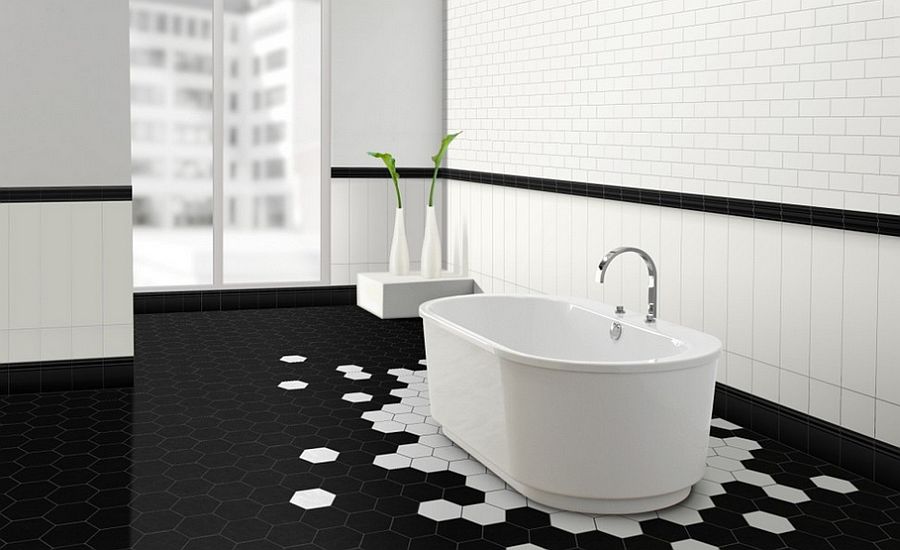 Stunning black and white bathroom with hexagonal tiles [Design: Metro Tiles Geebung]