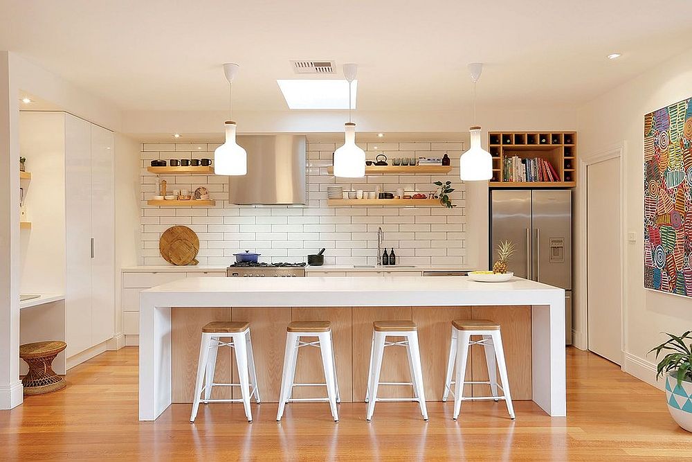 subway tile and large island for Scandinavian kitchen design