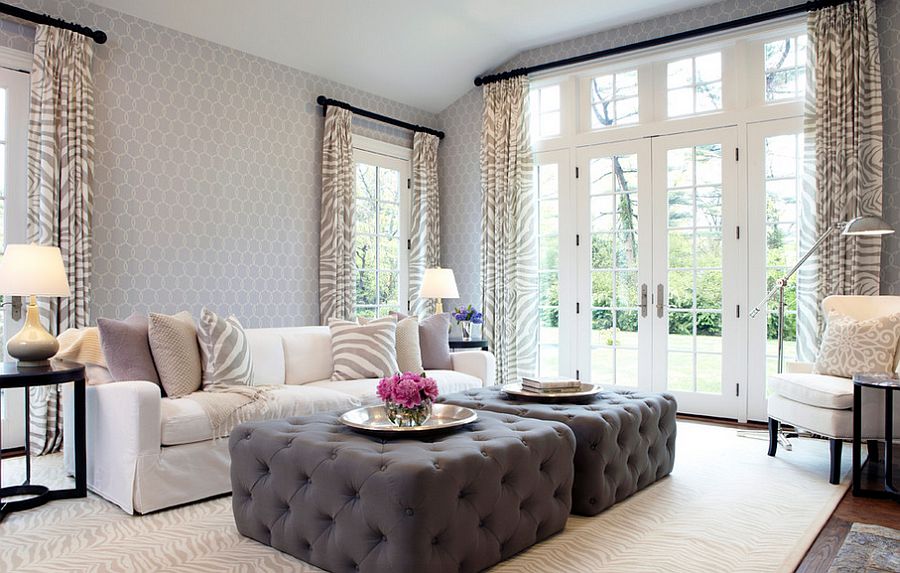 Twin gray ottoman steals the show in the living room of modern New York home [From: Jacob Snavely Photography]