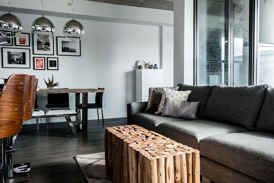 Unique wooden coffee table for the loft-style living room