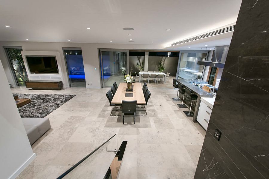 View of the lower level living area from the stairs