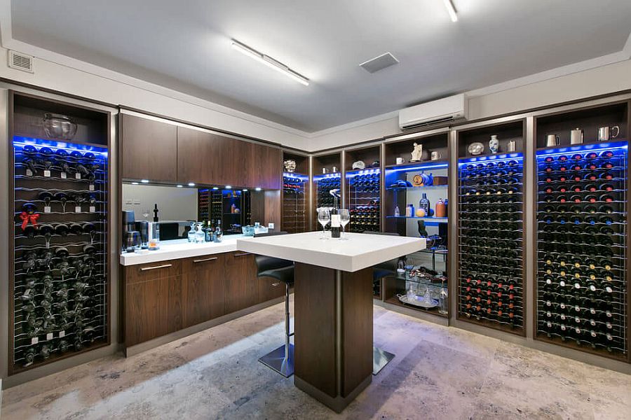 Wine cellar and tasting area with brilliant lighting